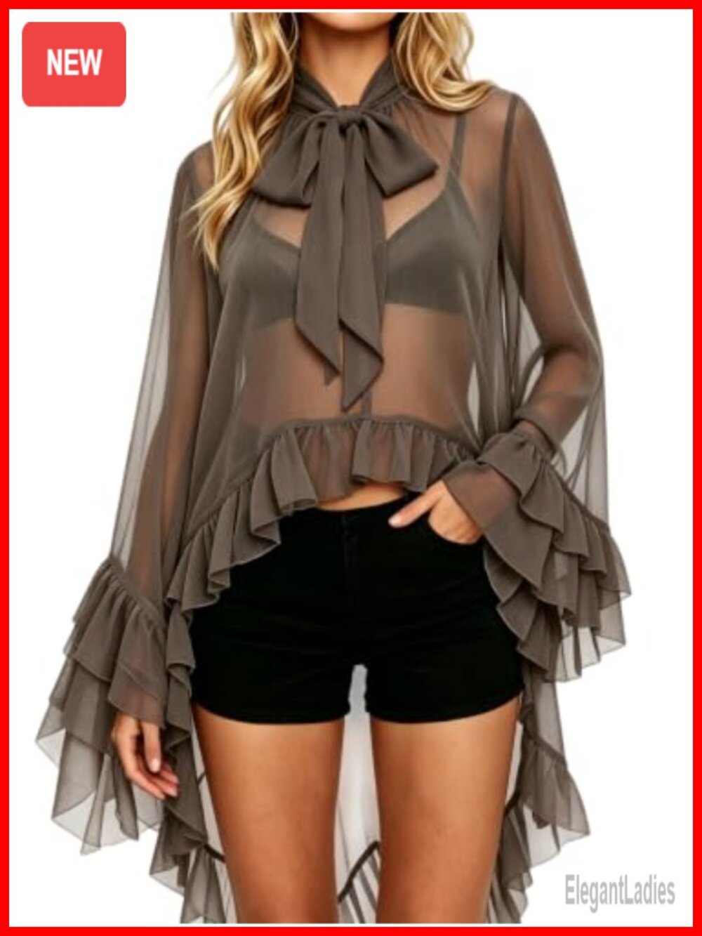 Long Bell Sleeve Sheer Mesh Blouse Ruffled Frill Top